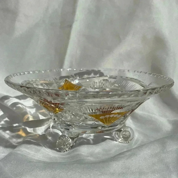 Vintage German Etched & Painted Scalloped Edged Crystal Footed Dish - Picture 3 of 5